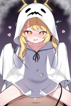 1boy 1girl absurdres black_ribbon black_tail black_wings blonde_hair blue_archive blush commentary covered_penetration cowgirl_position cum cum_in_pussy cum_overflow demon_girl demon_tail demon_wings drooling ghost_costume girl_on_top hair_ribbon halloween halloween_costume halo heart heart-shaped_pupils hetero highres hood hood_up ibuki_(blue_archive) loli looking_at_viewer md5_mismatch mouth_drool nose_blush open_mouth pointy_ears pov pov_crotch ribbon sex solo_focus straddling symbol-shaped_pupils tail tearing_up tears vaginal wings yellow_eyes yellow_halo zing_(z_z_zing)