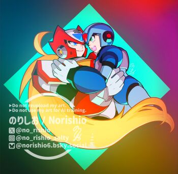 Rule 34 | 2boys, armor, blonde hair, blue armor, blue background, blue eyes, blue helmet, chest jewel, cowboy shot, forehead jewel, green eyes, helmet, highres, long hair, mega man (series), mega man x (series), multiple boys, no-rishio, open mouth, parted lips, red armor, red helmet, simple background, smile, watermark, x (mega man), zero (mega man)