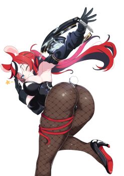 absurdres animal_ears armpits ass black_gloves black_hair blue_eyes breasts brown_pantyhose cafelittle colored_tips commentary cosplay cyber_bunny_(stellar_blade) detached_sleeves electric_whip eve_(stellar_blade) eve_(stellar_blade)_(cosplay) eyebrows_hidden_by_hair fake_tail feet_out_of_frame fishnet_pantyhose fishnets gloves hakos_baelz high_heels highres holding holding_whip hololive hololive_english large_breasts leaning_back long_hair looking_at_viewer mouse_ears mouse_girl mouse_tail multicolored_hair one_eye_closed pantyhose playboy_bunny ponytail rabbit_tail red_hair salute simple_background smile standing standing_on_one_leg star_(symbol) stellar_blade streaked_hair tail tail_around_own_leg thighs variant_set virtual_youtuber whip white_background white_hair