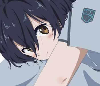 Rule 34 | 1girl, 22/7, black hair, boku wa sonzai shiteinakatta, brown eyes, close-up, closed mouth, dress, emblem, from side, grey dress, hair between eyes, head on knee, highres, light blush, light smile, looking at viewer, looking to the side, short hair, short sleeves, sitting, solo, takigawa miu, tanpaku (oqu 2)