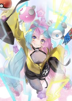 Rule 34 | 1girl, ano (sbee), bow-shaped hair, breasts, character hair ornament, commentary request, criss-cross halter, gen 1 pokemon, gen 4 pokemon, hair ornament, halter shirt, halterneck, hexagon print, highres, iono (pokemon), jacket, long hair, long sleeves, magnemite, medium breasts, multicolored hair, nintendo, pink hair, poke ball, pokemon, pokemon sv, rotom, rotom phone, sharp teeth, single leg pantyhose, sleeves past fingers, sleeves past wrists, smile, solo, teeth, two-tone hair, yellow jacket