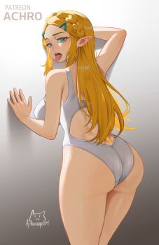 1girl achromaru against_wall artist_logo artist_name ass backless_leotard blonde_hair braid breasts commentary cowboy_shot crown_braid english_commentary from_behind gradient_background green_eyes hair_ornament hairclip highleg highleg_leotard highres impossible_clothes impossible_leotard large_breasts leotard light_blush logo long_hair looking_at_viewer looking_back median_furrow mixed-language_commentary nintendo open_mouth patreon_username pointy_ears princess_zelda signature solo teeth the_legend_of_zelda the_legend_of_zelda:_breath_of_the_wild tongue tongue_out upper_teeth_only