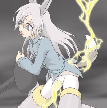 1girl animal_ears drooling eila_ilmatar_juutilainen electricity electrocution electrostimulation female_focus grey_hair long_hair mudadamuda open_mouth pain pantyhose saliva solo strike_witches tail tears tongue tongue_out world_witches_series