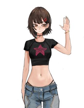 Rule 34 | 1girl, absurdres, bandaid, bandaid on face, bandaid on nose, black choker, black shirt, bracelet, brown eyes, brown hair, chainsaw man, choker, closed mouth, cropped shirt, denim, ear piercing, hair ornament, hairclip, hand up, higashiyama kobeni, highleg, highleg panties, highres, jeans, jewelry, mole, mole on cheek, mole under eye, mole under mouth, multiple moles, navel, navel piercing, panties, pants, piercing, shirt, short hair, simple background, solo, star (symbol), star print, tefi blum, underwear, white background