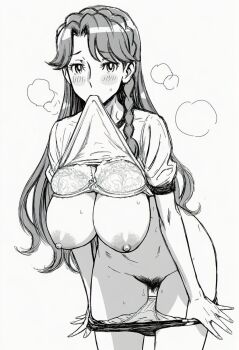1girl aquaberrymarine blush bra bra_pull braid breasts character_request clothes_in_mouth clothes_pull commentary_request copyright_request cowboy_shot female_pubic_hair forehead gym_shorts highres large_breasts leaning_forward legs long_hair looking_at_viewer monochrome mouth_hold navel nipple_indents nipples nose panties panty_pull pubic_hair shadow shirt shirt_in_mouth shirt_pull short_sleeves shorts shorts_pull simple_background steam stomach sweat t-shirt thighs underwear white_background