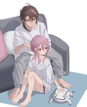 Rule 34 | 1boy, 1girl, 1other, a-tora, alternate costume, alternate hairstyle, barefoot, brown eyes, brown hair, commentary, couch, english commentary, fyu-neru, grey pants, guilty crown, on couch, ouma shuu, oversized clothes, oversized shirt, pants, pillow, pink hair, red eyes, shirt, simple background, white background, white shirt, yuzuriha inori, zzz