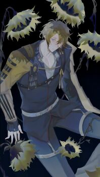 1boy absurdres black_gloves blue_eyes brown_hair carda_momd chest_belt collared_shirt copyright_request crossover double-parted_bangs epaulettes feet_out_of_frame fingerless_gloves flower gloves hair_between_eyes highres looking_at_viewer male_focus muted_color official_alternate_costume shirt short_hair solo sunflower white_shirt