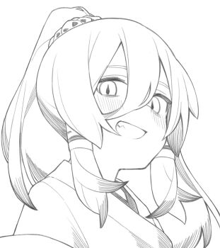 1girl blush ch00suke commentary_request greyscale grin hair_tubes japanese_clothes kosode looking_at_viewer miko miyadeguchi_mizuchi miyadeguchi_mizuchi_(human) monochrome ponytail smile solo touhou