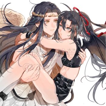 2boys ahoge alternate_costume alternate_universe amana_raika ancient_greek_clothes angel angel_and_devil angel_wings bare_arms bare_legs bare_shoulders bishounen black_hair black_shirt black_shorts black_tail black_wings carrying circlet closed_mouth couple crop_top demon_boy demon_tail demon_wings feathered_wings floating_hair greco-roman_clothes grey_eyes hair_ribbon hug lan_wangji long_hair looking_at_another male_focus midriff modao_zushi multiple_boys ponytail princess_carry red_ribbon ribbon robe shirt short_shorts shorts sidelocks simple_background sleeveless sleeveless_robe sleeveless_shirt smile tail trap twitter_username very_long_hair watermark wei_wuxian white_background white_robe white_wings wings wristband yaoi yellow_eyes