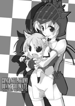 2005 2girls animal_ears archived_source arrow_(projectile) bad_link blush_stickers bow_(weapon) cat_ears checkered_background closed_mouth cowboy_shot dot_nose drop_shadow ear_in_mouth english_text eyelashes fang fingerless_gloves gift_art gloves grabbing_another&#039;s_ear greyscale hair_ornament hairclip hand_on_another&#039;s_ear helm helmet len_(a-7) looking_at_viewer mini_person monochrome multiple_girls original pouch skindentation sleeveless smile spiked_helmet split_mouth standing thighhighs weapon x_hair_ornament