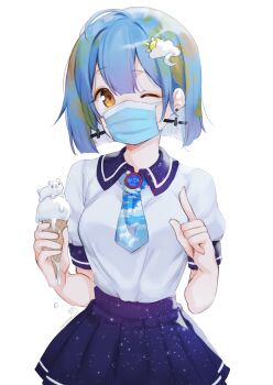 Rule 34 | 1girl, ahoge, bear, blue hair, blunt bangs, blunt ends, blush, bob cut, brooch, cloud hair ornament, cloud print, collared shirt, crescent, crescent hair ornament, earrings, earth-chan, food, green hair, hair between eyes, hair ornament, highres, holding, holding food, holding ice cream, ice cream, ice cream cone, index finger raised, jewelry, logo, looking at viewer, mask, melting, mouth mask, multicolored hair, nasa logo, necktie, niniidawns, one eye closed, original, pleated skirt, polar bear, satellite, shirt, shirt tucked in, short hair, short sleeves, shorts, signature, simple background, skirt, solo, space print, starry sky print, sun hair ornament, surgical mask, tareme, two-tone hair, undersized animal, upper body, white background, yellow eyes