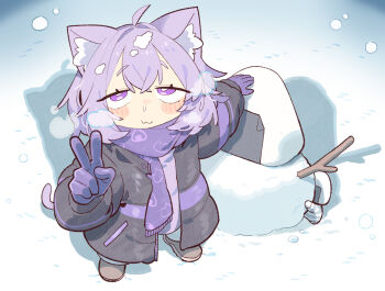 1girl :3 ahoge alternate_costume animal_ear_fluff animal_ears blush cat_ears cat_girl cat_tail chibi cocomayo29_(tomato) commentary food gloves hair_between_eyes hololive jacket korean_commentary looking_up nekomata_okayu onigiri onigirya_(nekomata_okayu) pocket purple_eyes purple_gloves purple_hair purple_scarf scarf shoes snow snowflakes snowman stick tail v virtual_youtuber