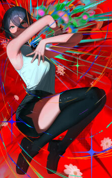 1girl absurdres armpits black_hair black_shoes black_shorts black_thighhighs breasts chainsaw_man commentary_request dress ganet_p green_eyes highres looking_at_viewer medium_breasts red_background reze_(chainsaw_man) shirt shoes shorts sleeveless sleeveless_dress solo thighhighs white_shirt