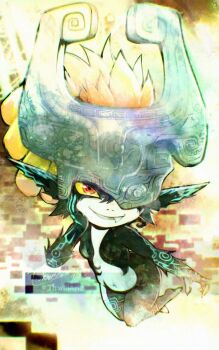 Rule 34 | 1girl, artist name, black skin, blush, breasts, collarbone, colored sclera, colored skin, english text, fang, female focus, grin, hand on own face, helmet, highres, log, looking at viewer, medium breasts, midna, multicolored skin, nintendo, one eye closed, orange hair, pointy ears, red eyes, smile, solo, spread legs, teeth, the legend of zelda, the legend of zelda: twilight princess, thighs, thwillartz, white skin, yellow sclera