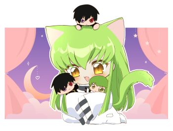 :d animal_ears ayuko_735 blush c.c. cat_ears cat_girl cat_tail character_doll chibi code_geass commentary_request crescent_moon curtains doll geass green_hair hair_between_eyes happy heart heterochromia highres holding holding_doll jacket kemonomimi_mode kneeling lelouch_vi_britannia long_hair long_sleeves looking_at_object looking_down moon open_mouth purple_background purple_eyes red_eyes sidelocks simple_background sleeves_past_fingers sleeves_past_wrists smile sparkle straight_hair tail tail_raised two-tone_background very_long_hair white_background white_jacket wide_sleeves yellow_eyes