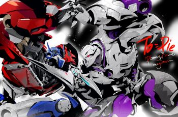 2boys absurdres arm_blade blue_eyes bu_li_(time46397328) decepticon helmet highres insignia machine mask mecha megatron mouth_mask multiple_boys no_humans optimus_prime red_eyes robot science_fiction transformers transformers_prime weapon