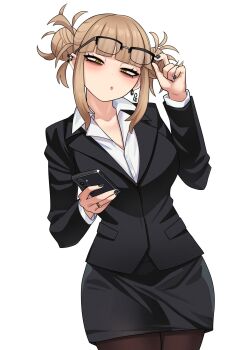 1girl adjusting_eyewear alternate_costume artist_name black-framed_eyewear black_jacket black_nails black_pants black_skirt blonde_hair blunt_bangs boku_no_hero_academia brown_pantyhose cellphone closed_mouth commentary cowboy_shot dot_mouth double_bun earrings hair_bun half-closed_eyes highres holding holding_phone jacket jewelry lapels long_sleeves looking_at_viewer messy_hair notched_lapels office_lady over-rim_eyewear paid_reward_available pants pantyhose phone ring semi-rimless_eyewear shirt sidelocks skirt smartphone solo toga_himiko unusualpie white_shirt wing_collar yellow_eyes