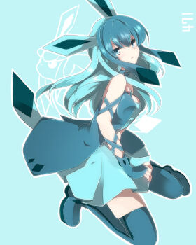 1girl animal_ears bare_shoulders blue_eyes blue_hair blue_thighhighs boots creature_and_personification female_focus gen_4_pokemon glaceon highres long_hair looking_at_viewer matching_hair/eyes multicolored_hair nintendo personification pokedex_number pokemon solo tail thigh_boots thighhighs two-tone_hair zettai_ryouiki zinpati