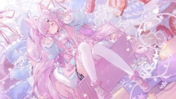 1girl ahoge animal_ears aqua_ribbon blue_bow blush bow claw_pose coat flower food fruit full_body fur-trimmed_coat fur-trimmed_shoes fur_trim hair_flower hair_ornament hair_ribbon highres looking_at_viewer macaron multicolored_coat one_eye_closed original pink_bow pink_eyes pink_hair pink_shoes ribbon sailor_collar shoes sitting smile strawberry thighhighs two-tone_bow two-tone_coat umehara_sei white_thighhighs zettai_ryouiki