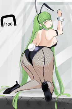 1girl against_wall ass bare_shoulders breasts c.c. code_geass fishnet_pantyhose fishnets from_behind green_hair high_heels highres huge_ass icoo kneeling long_hair looking_at_viewer looking_back medium_breasts open_mouth pantyhose playboy_bunny rabbit_ears rabbit_tail sideboob solo tail thick_thighs thighs very_long_hair