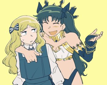 Rule 34 | 2girls, arm around neck, bandeau, black dress, black hair, black panties, blonde hair, blue eyes, bow, bridal gauntlets, commentary, dress, earrings, fate/grand order, fate/strange fake, fate (series), flat chest, hair bow, haruri borzak, hoop earrings, in-franchise crossover, ishtar (fate), jewelry, multiple girls, panties, single bridal gauntlet, two side up, underwear, untranslatable commentary, vincent-san, wavy hair