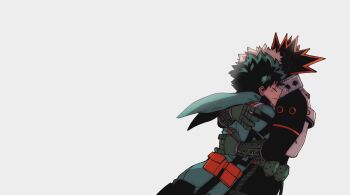 2boys 5mll3 bakugou_katsuki belt belt_pouch blonde_hair boku_no_hero_academia closed_eyes closed_mouth cowboy_shot explosive freckles gloves green_belt green_hair grenade hug long_sleeves male_focus midoriya_izuku multiple_boys mutual_hug pouch red_belt short_hair simple_background superhero_costume white_background yaoi