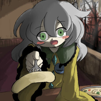 1girl buttons commentary_request contrast_collar diamond_button food fork green_eyes hair_between_eyes heripantomorrow holding holding_fork indoors koishi_komeiji's_heart-throbbing_adventure komeiji_koishi long_hair long_sleeves looking_at_viewer no_headwear open_mouth shirt smile solo table third_eye touhou tree wide_sleeves window yellow_shirt