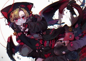 1boy :o aegyo_sal androgynous animal_ears animal_hood bell belt black_belt black_leg_warmers black_nails black_shoes black_thighhighs black_wings blonde_hair bow cat-shaped_pillow cat_boy cat_ears cat_hood cat_tail commentary_request cross curtained_hair demon_boy demon_wings eita_789 emisako_(eita_789) fang feathered_wings halo highres hood jingle_bell latin_cross leg_warmers long_sleeves male_focus nail_polish o-ring o-ring_thigh_strap open_mouth original pillow platform_shoes red_eyes ribbon shoes skin_fang solo studded_belt stuffed_animal stuffed_cat stuffed_toy tail tail_bow tail_ornament thigh_strap thighhighs torn_clothes torn_thighhighs wallet_chain white_background wings