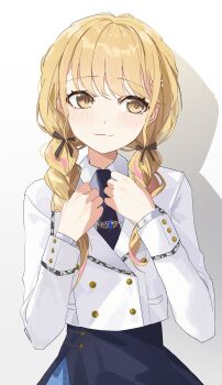 1girl absurdres belt_buckle black_necktie black_overskirt black_ribbon blonde_hair blue_skirt blush braid buckle buttons closed_mouth collared_shirt commentary cosplay cowboy_shot cropped_jacket double-breasted dress_shirt eimizzzzz fujita_kotone gakuen_idolmaster hair_ornament hair_ribbon hairclip hand_on_own_chest hands_up hatsuboshi_gakuen_school_uniform highres idolmaster jacket juo_sena juo_sena_(cosplay) long_hair long_sleeves looking_to_the_side low_twin_braids multicolored_hair necktie overskirt pink_streaks ribbon school_uniform shadow shirt simple_background skirt solo streaked_hair swept_bangs tie_clip twin_braids twintails wavy_mouth white_background white_jacket white_shirt yellow_eyes