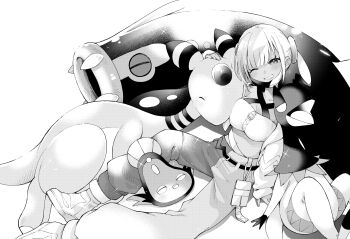 1girl ;d ampharos bandeau breasts canari_(pokemon) commentary_request creature_request eelektross gen_2_pokemon gen_5_pokemon gen_6_pokemon greyscale grin heliolisk highres looking_at_viewer marcey medium_breasts midriff monochrome nintendo one_eye_closed open_mouth pants pokemon pokemon_legends:_z-a shoes simple_background sitting smile split-color_clothes stunfisk two-tone_pants white_background