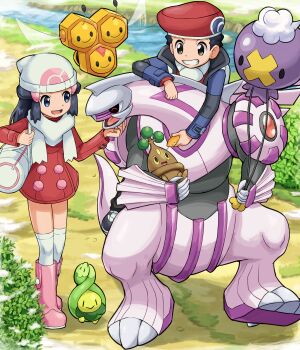 1boy 1girl alternate_size beanie black_hair blue_eyes bonsly boots budew buttons combee dawn_(pokemon) day dress drifloon gen_4_pokemon hand_on_another&#039;s_chin hat holding legendary_pokemon long_hair long_sleeves lucas_(pokemon) nintendo open_mouth outdoors palkia pink_boots pokemoa pokemon pokemon_(creature) pokemon_dppt pokemon_platinum red_dress scarf scratching_chin smile stream stroking_another&#039;s_chin teeth tongue walking water white_headwear white_legwear white_scarf winter_clothes