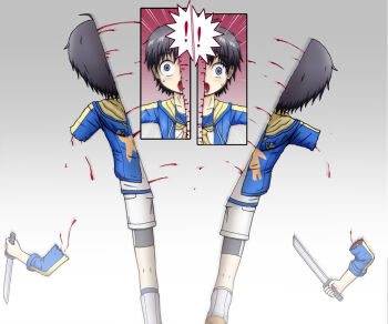 1boy :o ahoge amputated_arm amputation amputee bisected blood blood_splatter blue_hoodie dagger disembodied_arm fighting grey_eyes guro holding holding_dagger holding_knife holding_weapon hood hoodie knife male_focus necktie original school_uniform serafuku severed severed_arm severed_limb shorts shota siritotechin weapon
