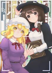 Rule 34 | 2girls, absurdres, black capelet, black hat, black skirt, blonde hair, blush, book, bow, bowtie, brown eyes, brown hair, capelet, closed mouth, collared dress, collared shirt, commentary request, dress, fedora, hand on headwear, happy, hat, highres, holding, holding book, juliet sleeves, long sleeves, maribel hearn, mob cap, multiple girls, nazawa (nother), neck ribbon, puffy sleeves, purple dress, red bow, red bowtie, ribbon, shirt, sitting, skirt, smile, standing, touhou, usami renko, white hat, white shirt, yellow eyes