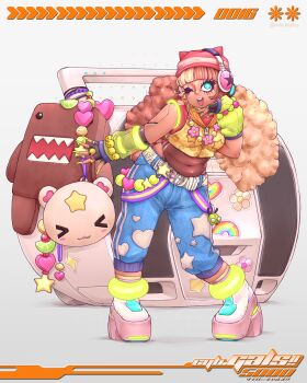 1girl absurdres afro animal_ears aqua_eyes bead_bracelet bead_necklace beads beanie belt black_gloves blonde_hair blue_pants bracelet brown_hair cat_ears cd_player charm_(object) commentary cropped_jacket dark-skinned_female dark_skin denim domo-kun english_commentary eyelashes fingerless_gloves fingernails ganguro gir_(dog_costume)_(invader_zim) gir_(invader_zim) gloves glowing gyaru gyaru_makeup hat headphones highlighter_(makeup) highres invader_zim jeans jewelry long_fingernails low_twintails manba_gyaru navel necklace nhk_(broadcaster) one_eye_closed original pants puri_prado red_hat solo sticker twintails yamanba_(gyaru)