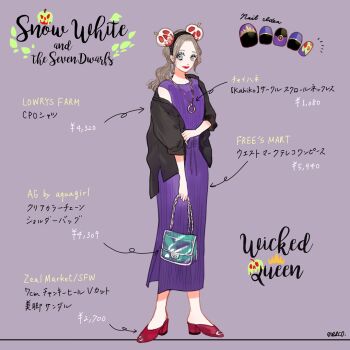 1girl bag character_name commentary_request contemporary copyright_name dress holding jewelry long_hair makeup meecosme necklace queen_grimhilde short_hair smile snow_white_and_the_seven_dwarfs_(disney) solo translation_request