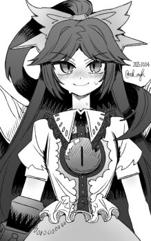 1girl absurdly_long_hair arm_cannon bird_wings black_hair black_wings bow dated greyscale hair_bow ichirugi long_hair looking_at_viewer monochrome reiuji_utsuho smile solo third_eye third_eye_on_chest touhou twitter_username very_long_hair weapon wings