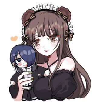 1girl alternate_costume alternate_hairstyle bangs_over_one_eye black_dress black_hair black_jacket brown_eyes brown_hair doll dress heart iino_miko ishigami_yuu jacket kaguya-sama_wa_kokurasetai_~tensai-tachi_no_renai_zunousen~ lipstick_mark lipstick_mark_on_face long_hair n1ku22a shirt white_shirt