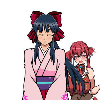 2girls blue_hair blush bow breasts brown_eyes closed_eyes covered_navel crossover hair_ribbon happy heart heart-shaped_pupils highres houshou_marine japanese_clothes large_breasts legs long_hair long_skirt looking_at_viewer multiple_girls ponytail red_bow red_hair ribbon sakura_taisen sega shinguuji_sakura skirt smile symbol-shaped_pupils thighs twintails virtual_youtuber