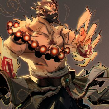 1boy arm_guards aura bandaged_wrist bandages bara beads bear_claws beard body_markings broad_shoulders chest_tuft chris_sdd claws connected_beard cropped_legs facial_hair full_beard glowing glowing_eyes gradient_background hakama highres japanese_clothes league_of_legends male_focus medium_hair muscular muscular_male mustache pants prayer_beads rope_belt solo spirit_guard_udyr strongman_waist topless_male udyr veins yellow_aura