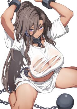 1girl arms_up au_ra ball_and_chain_restraint bound bound_wrists breasts brown_hair chain cleavage clenched_teeth collar crop_top cuffs final_fantasy final_fantasy_xiv hair_between_eyes highres large_breasts long_hair looking_at_viewer midriff navel ponytail purple_eyes shirt short_sleeves solo teeth thighs torisanff14 torn_clothes torn_shirt very_long_hair warrior_of_light_(ff14) white_shirt