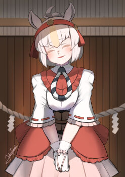 1girl animal_ears brown_hair commentary_request extra_ears gloves hair_ornament highres horse_ears horse_girl indoors john_(a2556349) kemono_friends kemono_friends_3 long_hair looking_at_viewer multicolored_hair necktie nontraditional_miko pink_hair ribbon shinme_(kemono_friends) skirt solo two-tone_hair