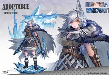 1girl adoptable allosauc animal_ears artist_name axe belt belt_buckle black_belt black_cape black_footwear black_skirt boots bracer breasts brown_belt brown_shirt buckle cape reference_sheet cleavage close-up commentary cross-laced_clothes cross-laced_skirt cross-laced_top deviantart_username dual_wielding english_commentary english_text expressionless eyelashes eyeshadow full_body fur-trimmed_boots fur-trimmed_skirt fur_cape fur_scarf fur_trim grey_background high-waist_skirt high_heel_boots high_heels highres holding holding_axe ice knee_boots large_breasts leg_belt looking_at_viewer makeup marking_on_cheek medium_skirt multicolored_hair multiple_belts multiple_views original parted_lips pickaxe red_eyeshadow red_hair scarf shirt short_hair skirt sleeveless sleeveless_shirt streaked_hair triangle_background upper_body v-neck white_hair white_scarf winter_clothes wolf_ears yellow_eyes