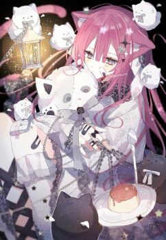 1girl animal_ear_fluff animal_ears ankle_lace-up asymmetrical_legwear bandaid black_background blush commentary_request double-parted_bangs dress floating_hair food gauze highres knees_up lace lace-trimmed_dress lace_trim lamp long_hair long_sleeves original pink_hair plate pudding slit_pupils sparkle_hair_ornament stuffed_animal stuffed_toy tearing_up white_dress yakinikusakoku