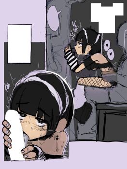 1girl 2boys arm_warmers black_hair blush breasts censored f0g_(rmuh7534) fellatio fishnets girl_on_top gothic_lolita group_sex heart heart-shaped_pupils highres implied_sex jirai_kei leg_warmers lolita_fashion maid_headdress miniskirt multiple_boys nail_polish oral reverse_cowgirl_position sex shoes sitting sitting_on_lap sitting_on_person skirt straddling symbol-shaped_pupils threesome underboob