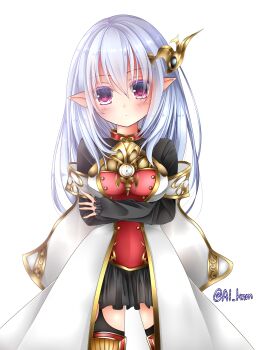 1girl absurdres armor armored_dress black_dress black_thighhighs boots breasts choker clock crossed_arms dress emil_chronicle_online garter_straps hair_ornament highres khronos_(eco) knmyrfoce7719086 large_breasts off-shoulder_dress off_shoulder pointy_ears red_choker red_dress red_eyes solo thigh_boots thighhighs twitter_username two-tone_dress white_background white_dress white_hair