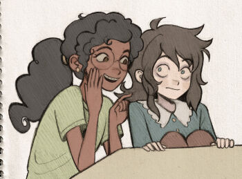 1boy 1girl abaddon_(haunted_hotel) abaddon_(human)_(haunted_hotel) bags_under_eyes black_hair blue_coat blue_eyes braces brown_eyes brown_hair child coat commentary dark-skinned_female dark_skin derivative_work english_commentary glasses green_shirt haunted_hotel heather_(haunted_hotel) highres knees_up long_hair looking_at_another pointing ponytail round_eyewear screenshot_redraw shirt sitting szivarvanyturmix02 table