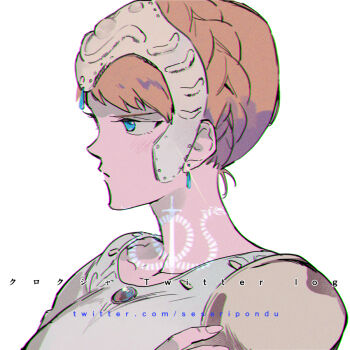 1girl blue_eyes blush braid breasts brown_hair closed_mouth collarbone commentary_request crown_braid earrings headpiece jewelry kaze_no_tani_no_nausicaa kushana ponytail profile serizawa_nae short_hair simple_background solo teardrop_earrings twitter_username watermark web_address white_background