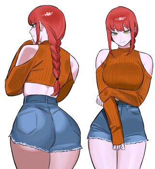 1girl absurdres alternate_costume arm_under_breasts ass bare_shoulders braid braided_ponytail breasts chainsaw_man cowboy_shot denim denim_shorts hand_on_own_chin hand_on_own_thigh highres large_breasts long_sleeves looking_ahead looking_at_viewer makima_(chainsaw_man) midriff multiple_views narrow_waist orange_sweater red_hair ribbed_sweater ringed_eyes shorts sidelocks simple_background smile standing sweater thighs white_background yellow_eyes zeon_(zzeeonn)