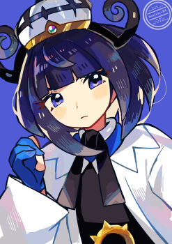 1girl anidler91 black_dress blue_gloves bob_cut closed_mouth coat dress gloves gwynn_(pokemon) hat highres long_sleeves looking_at_viewer nintendo open_clothes open_coat partially_fingerless_gloves pokemon pokemon_legends:_z-a purple_background purple_eyes purple_hair short_hair solo upper_body white_coat