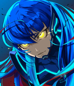 Rule 34 | 1boy, armor, black bodysuit, blue bodysuit, bodysuit, bowl cut, closed mouth, commentary request, eyelashes, full-body tattoo, hair between eyes, highres, kaosuwaruta, long hair, looking at viewer, male focus, protagonist (aogami nahobino) (smtv), protagonist (smtv), shin megami tensei, shin megami tensei v, shin megami tensei v: vengeance, simple background, tattoo, very long hair, yellow eyes